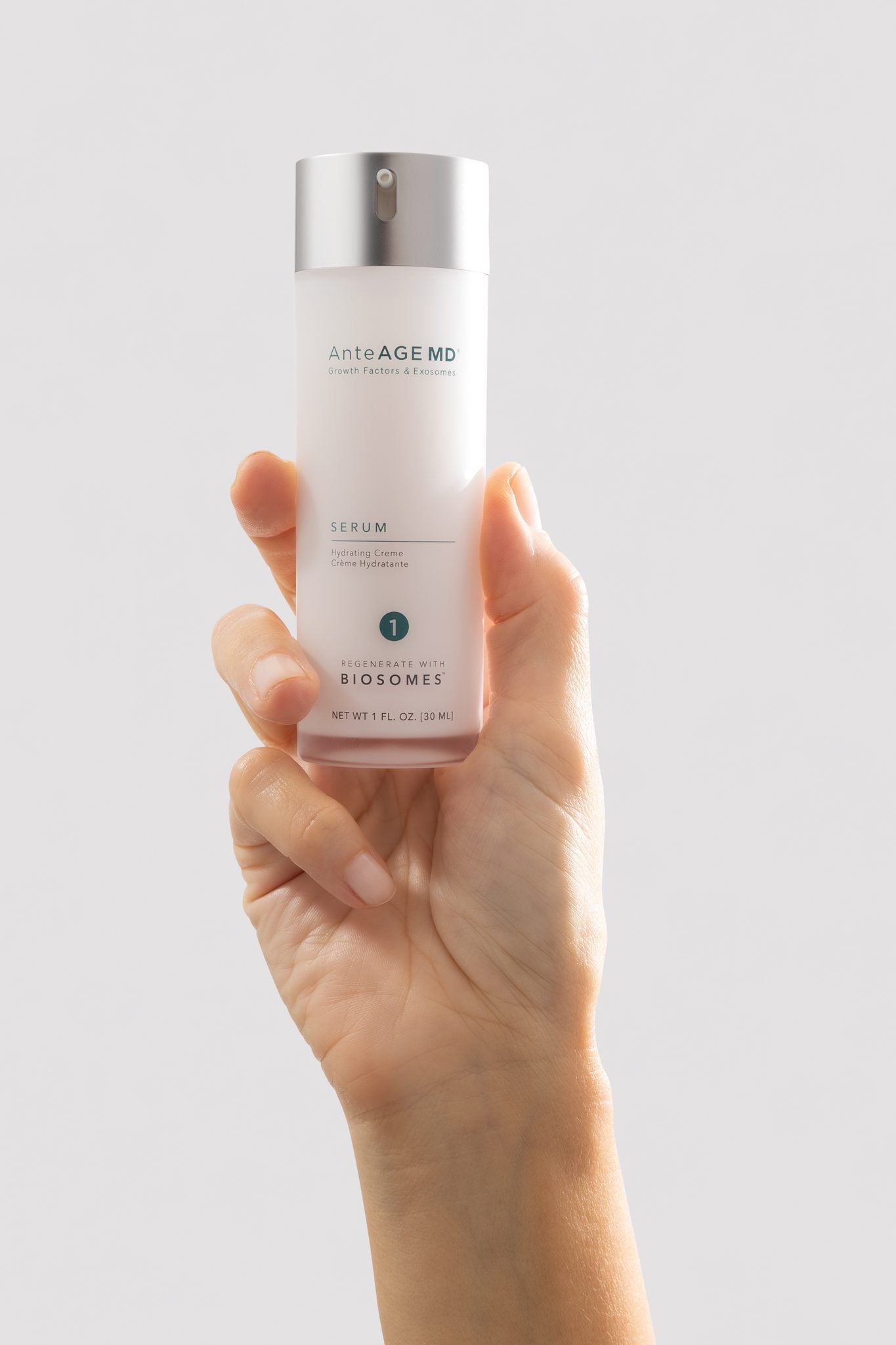 AnteAGE MD Biosome Serum held in hand