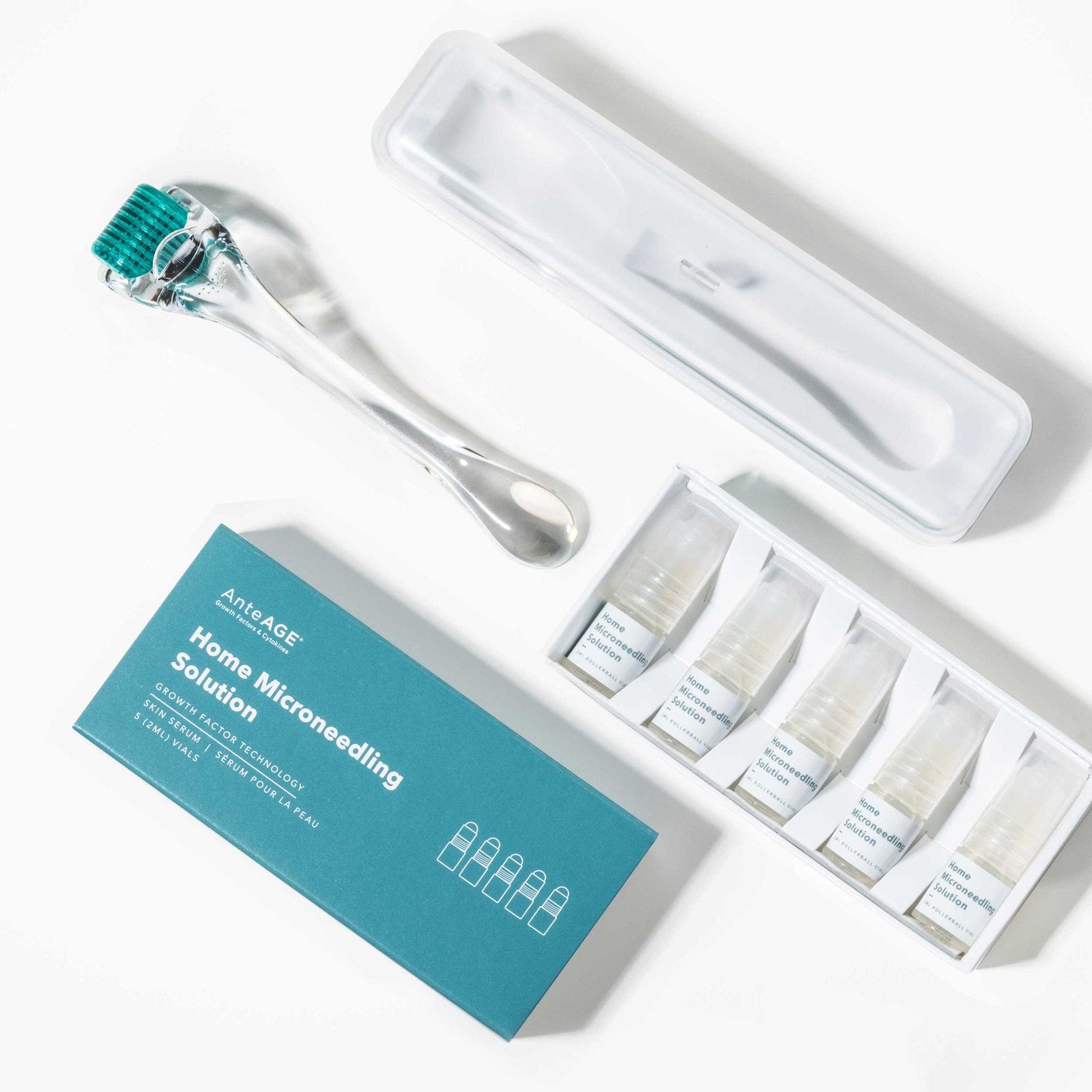 The AnteAGE Home Microneedling Intro Kit: roller, case, solution box and vials